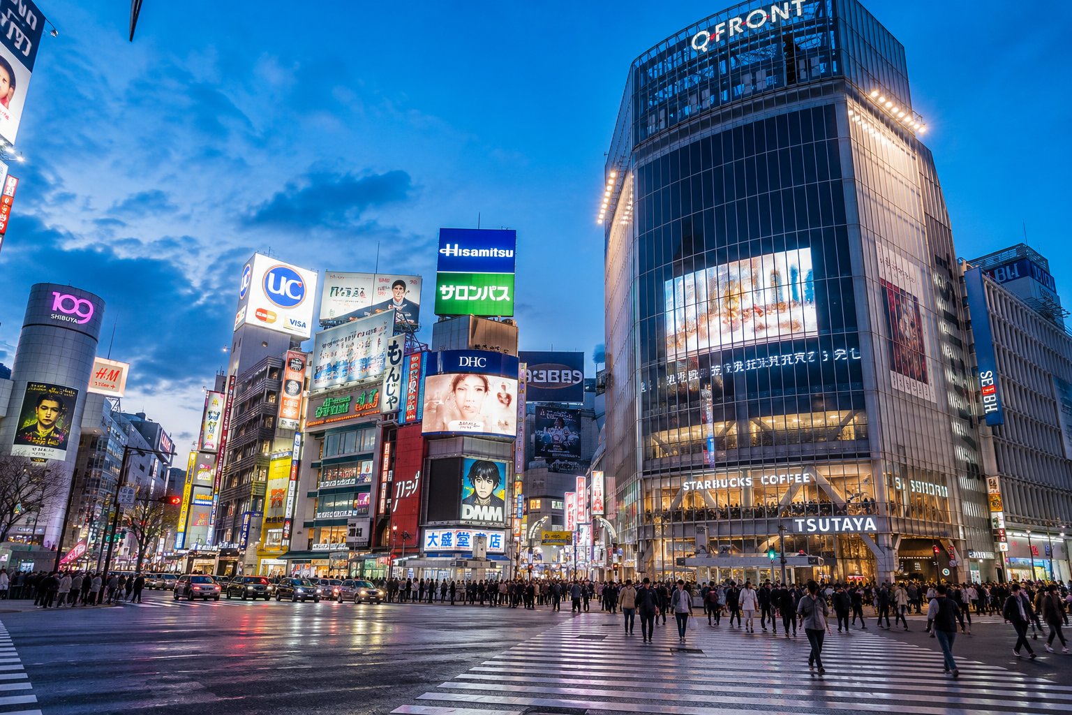 東京澀谷夜晚的繁華街景